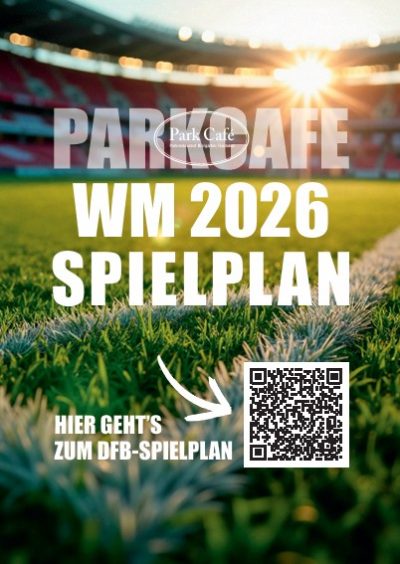 Park Cafe WM Spielplan - QR Code zum DFB-Spielplan auf grünem Gras-Untergrund.
