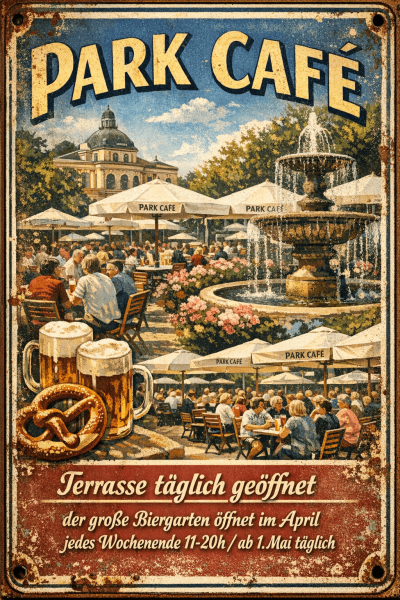 Park Cafe - Terrasse t&auml;glich ge&ouml;ffnet. Der gro&szlig;e Biergarten im April jedes Wochenende 11-20h/ ab 1. Mai t&auml;glich - Bild von Biergarten des Park Cafes.
