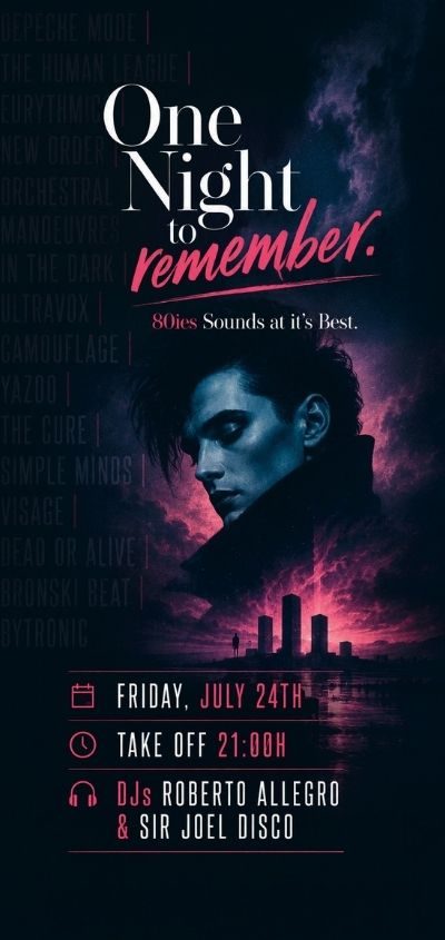 Park Cafe "One Night to Remember" - 80ies Sounds at it's Best. Schwarzes Banner mit einer Person und einer Skyline. Infos zum Wann und Wo.