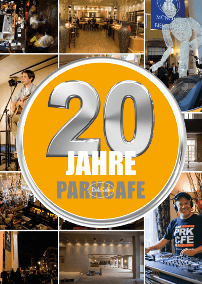 Orangenfarbener runder Button mit "20 Jahre ParkCafe", au&szlig;endrum Bilder der R&auml;umlichkeiten des Park Cafes und von Liveauftritten